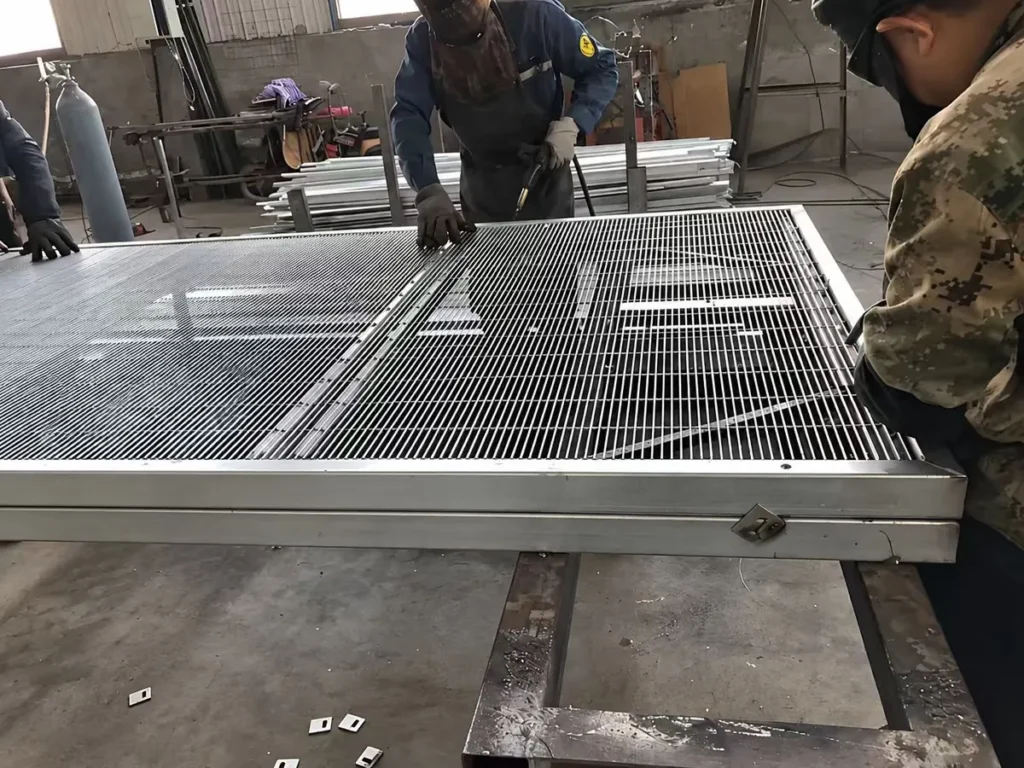 Welding 358 mesh panels into frames in our workshop