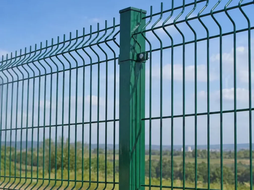 Green PVC-coated 3D welded mesh fence panels with square post and clip