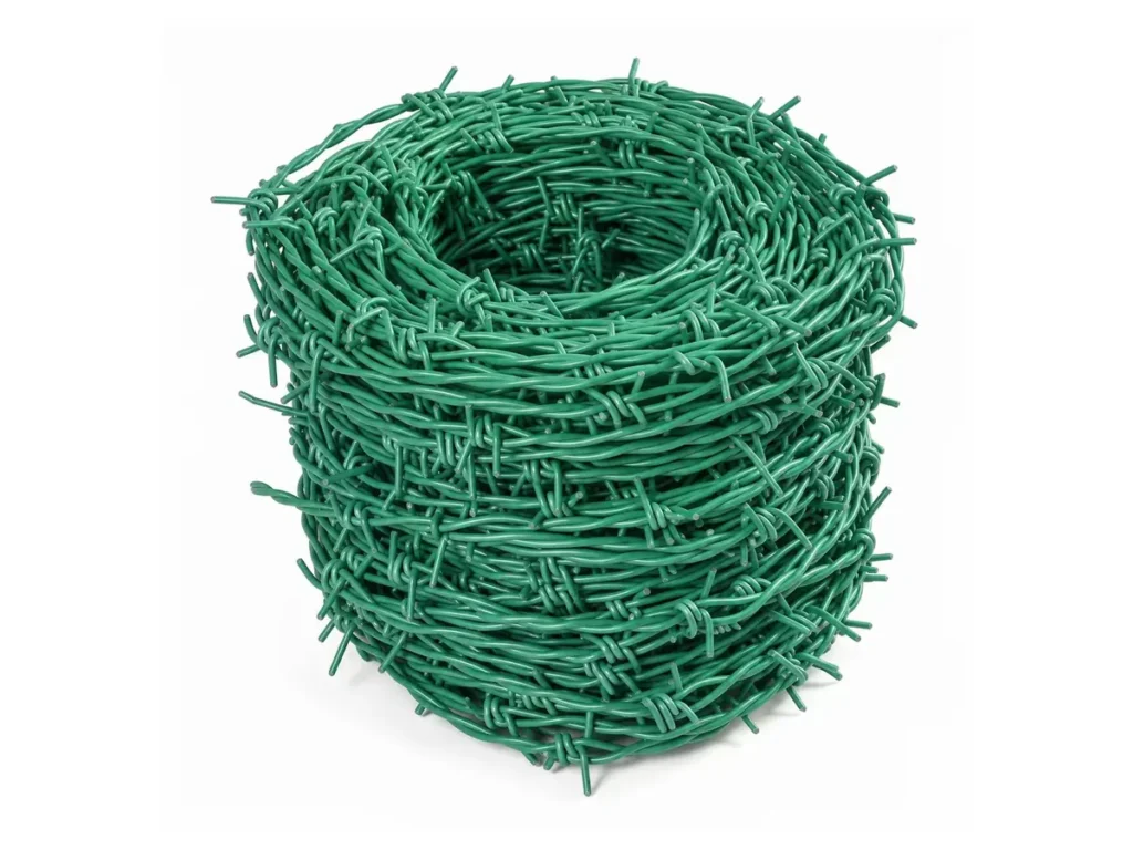 Green PVC-coated barbed wire coil