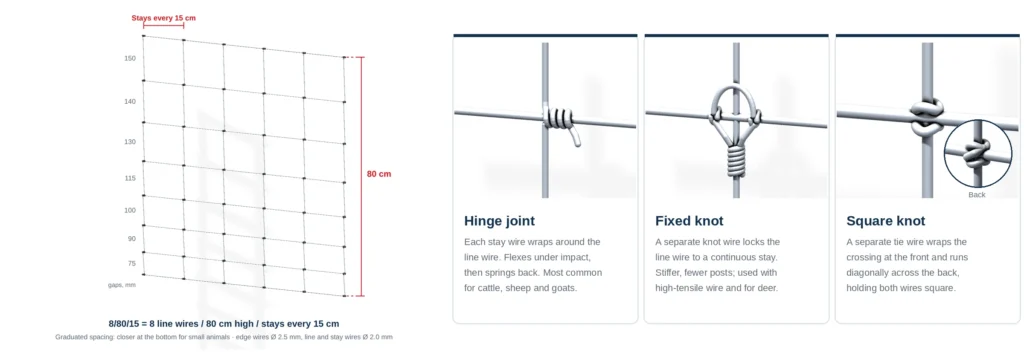 Cattle fence 8/80/15 layout with graduated line-wire spacing, plus hinge joint, fixed knot and square knot details