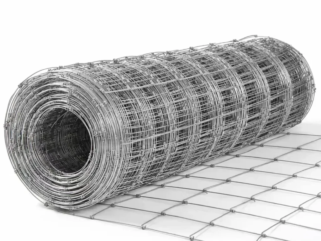 Galvanized cattle fence roll with graduated mesh, partly unrolled