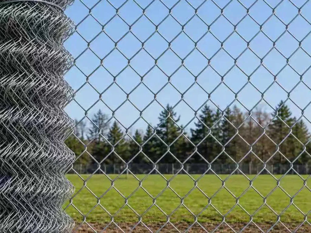 Galvanized chain link mesh roll and installed diamond mesh