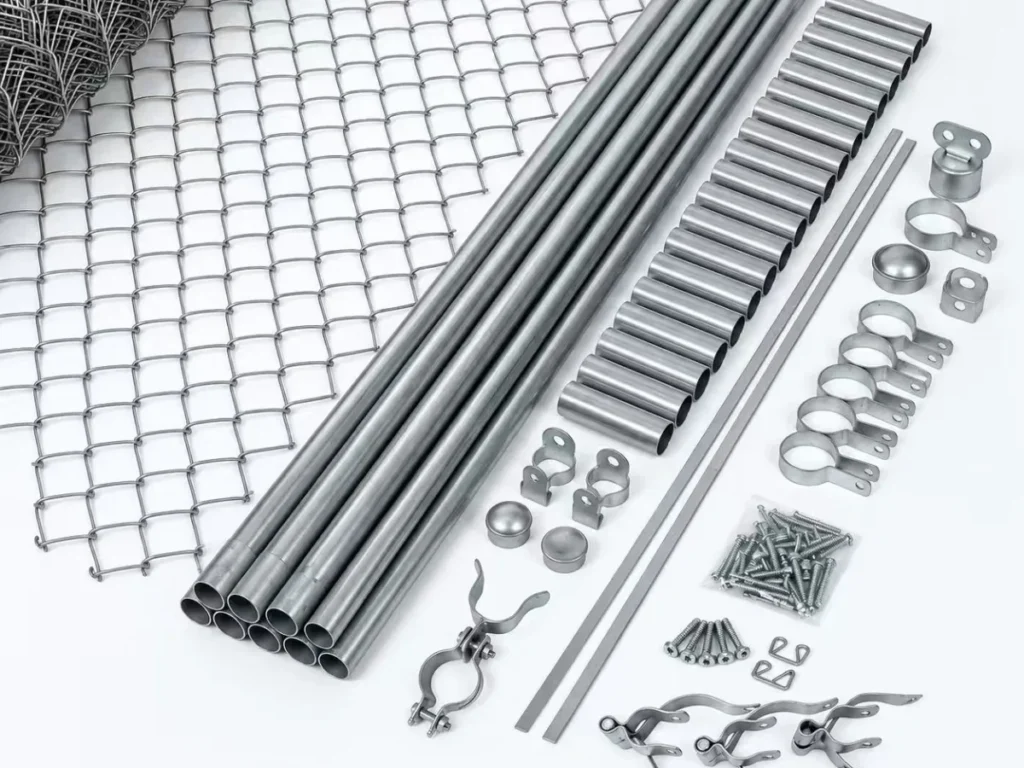 Chain link mesh with galvanized posts, rails and fittings