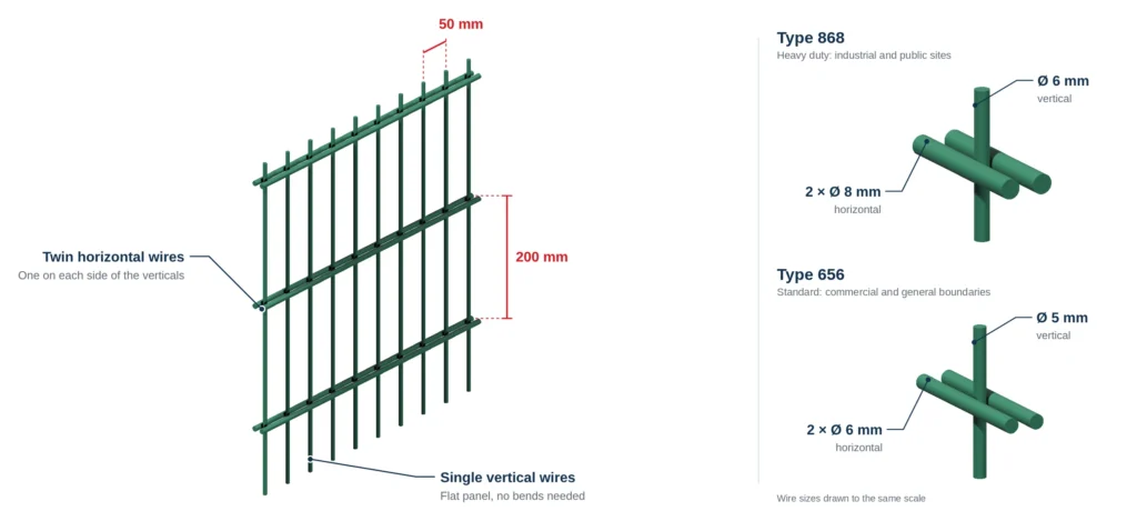 Double wire mesh fence panel with twin horizontal wires, and wire crossings of type 868 and 656
