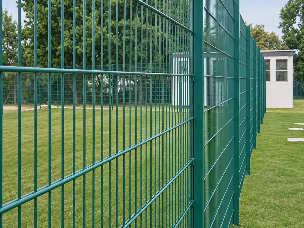 Green double wire fence around a sports field
