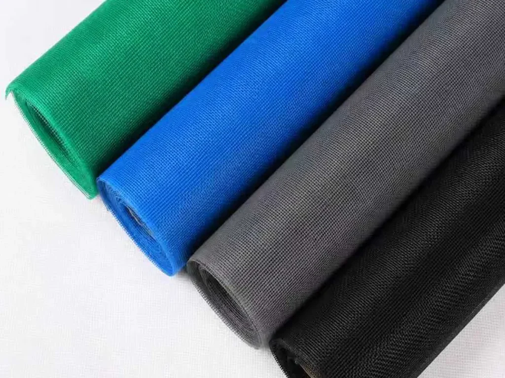 Fiberglass window screen rolls in green, blue, grey and black