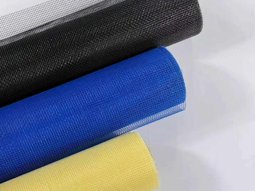 PVC-coated fiberglass yarn in black, blue and yellow