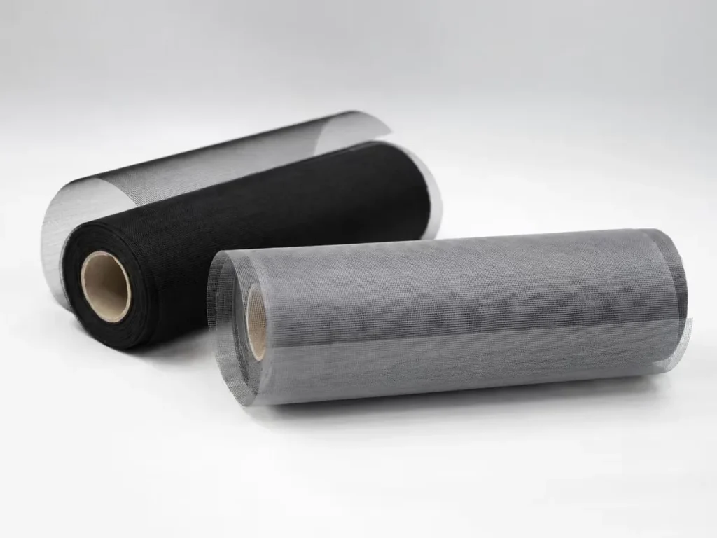 Black and grey fiberglass screen rolls
