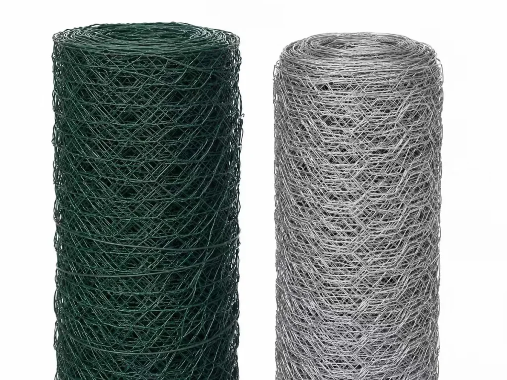 Hexagonal gabion mesh rolls in green PVC-coated and galvanized finishes