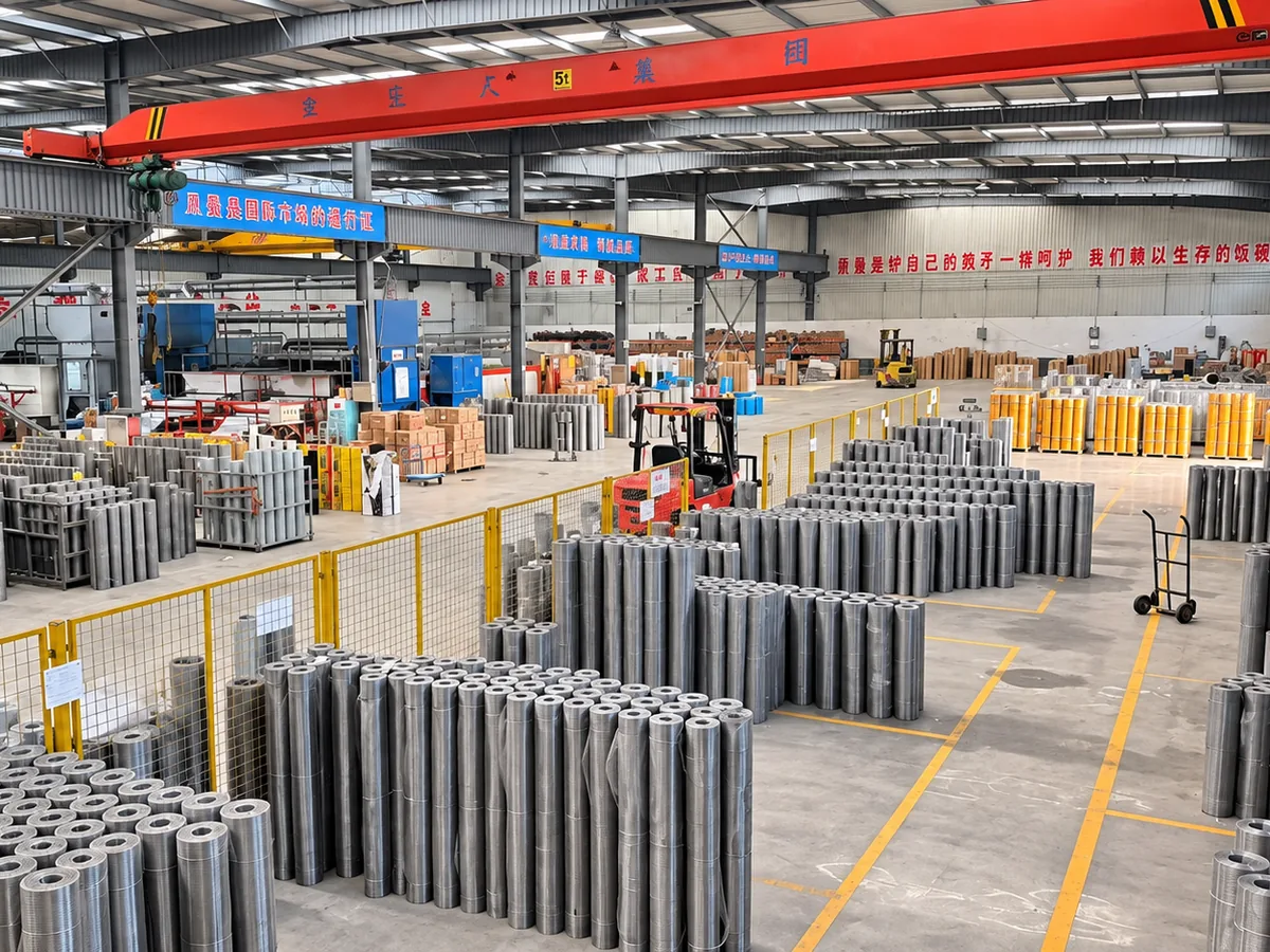 Tongwei factory floor in Anping, Hebei, with window screen and wire mesh rolls ready to ship