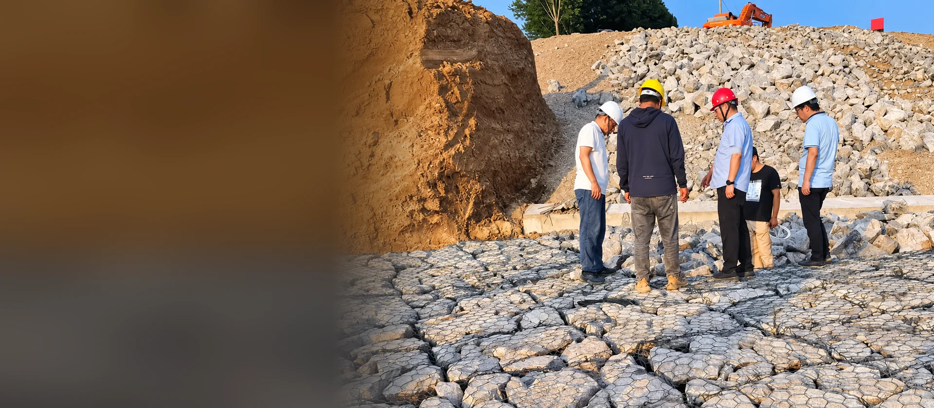 Engineers inspecting a gabion mattress installation on a construction site