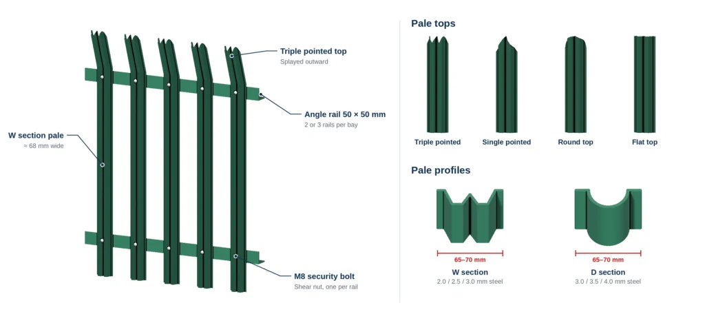 Steel palisade fence section with W section pales, angle rails and security bolts, plus four pale tops and W and D section profiles