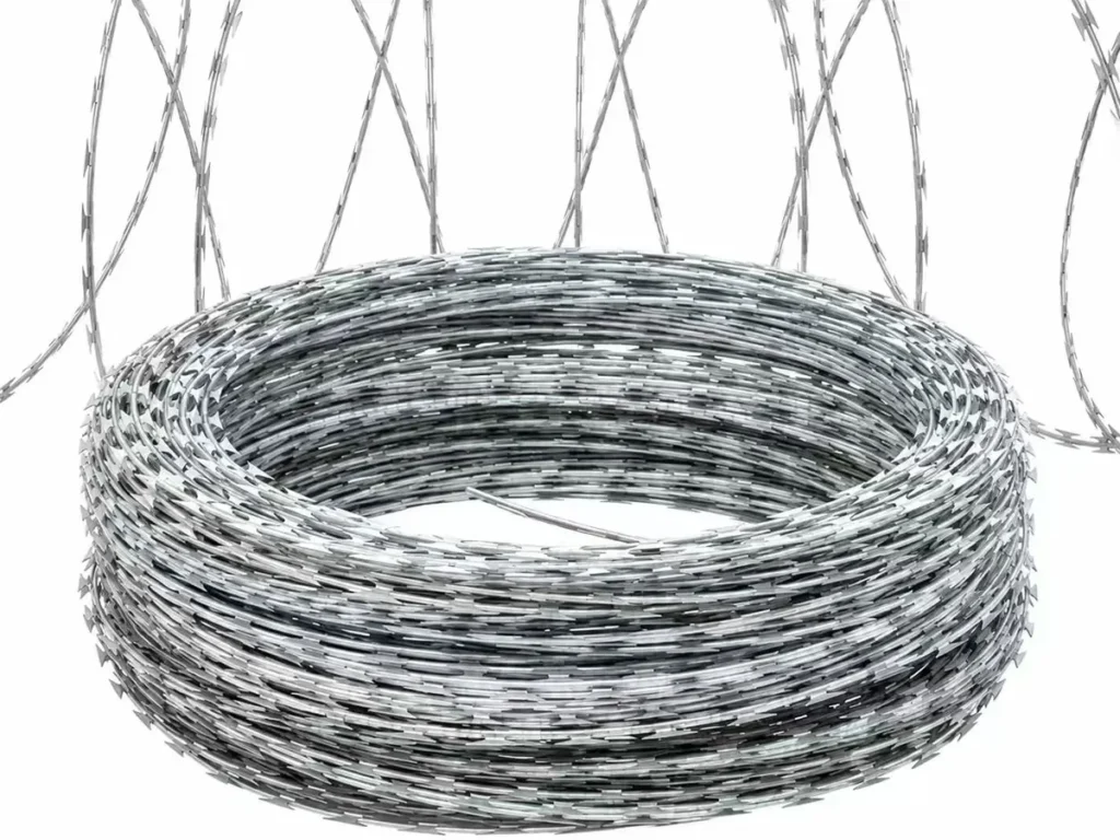 Galvanized concertina razor wire coil, shown closed and stretched open