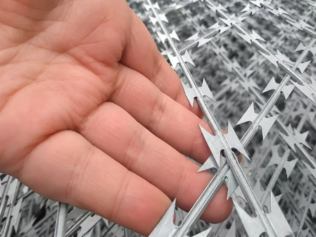 Razor blade close-up in hand, showing blade size and spacing