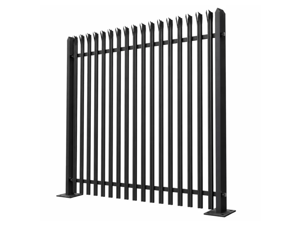 Black powder-coated steel palisade fence panel with posts and base plates