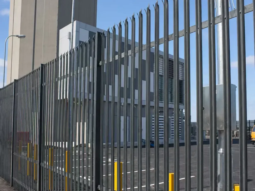 Black palisade fence along a commercial site perimeter
