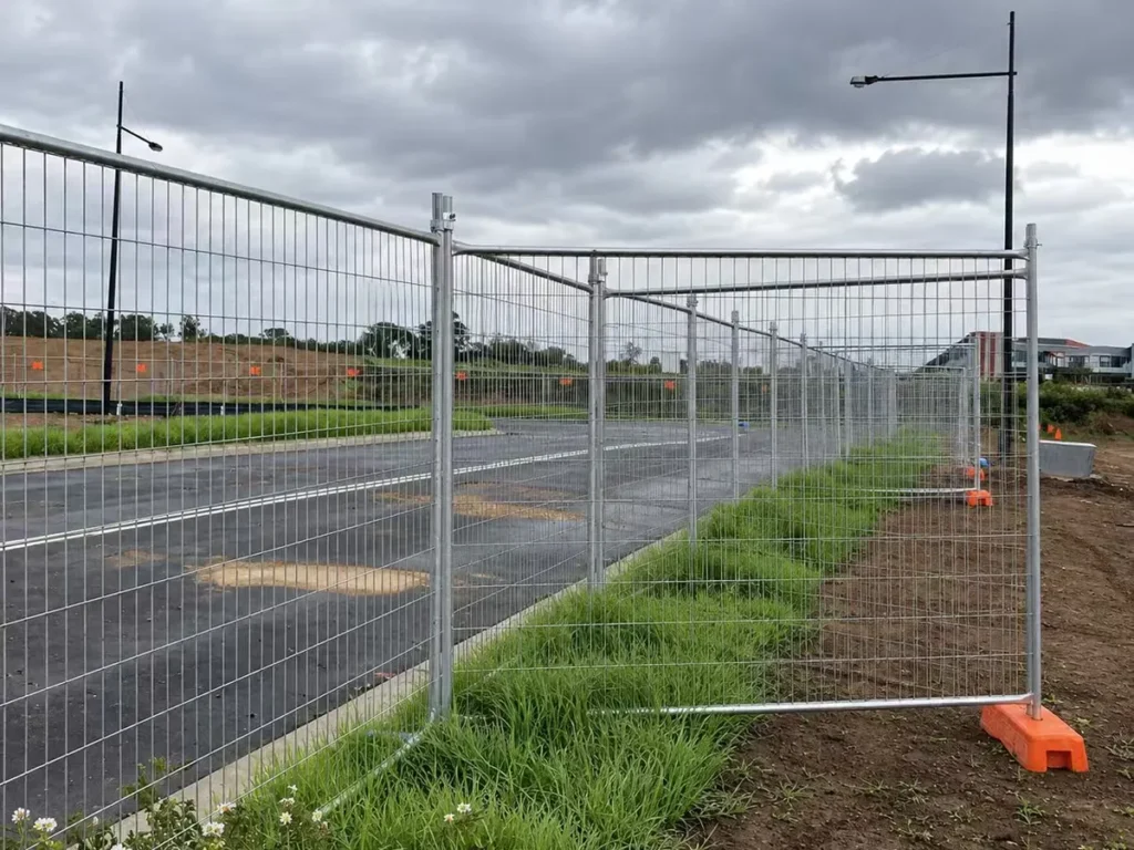 Temporary fence along a new road works site
