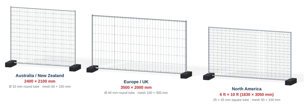 Temporary fence panels for Australia, Europe and North America drawn to the same scale, standing in their feet